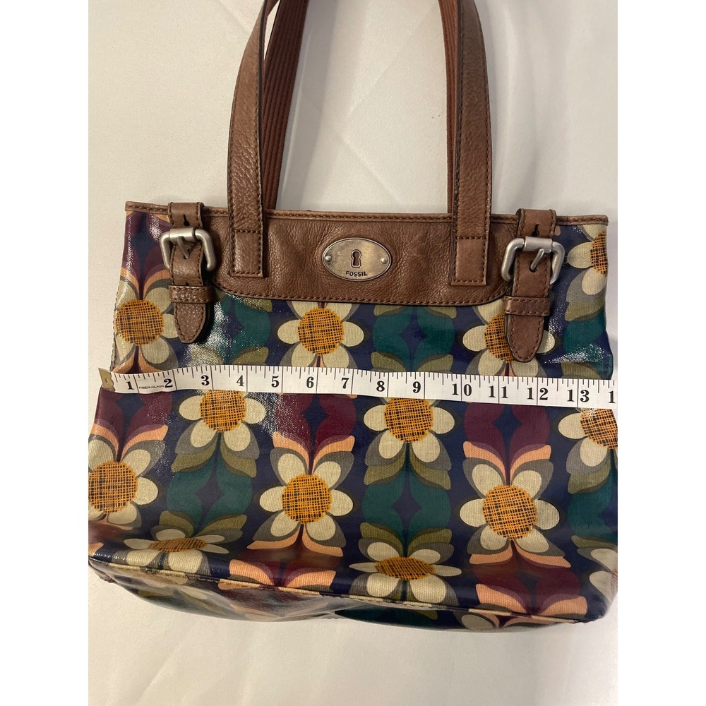 Fossil Key-Per Retro Floral Coated Canvas Tote Brown Leather Trim Multi-Color - Picture 12 of 14